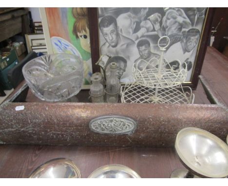 Mixed lot- brass fire harth, egg holder, metalware, glassware, retro clock, toys etc