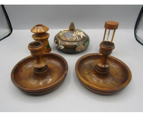 Treen travelling candlesitck holders- Jerusalem, a pot, egg timer and Jersey piece