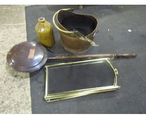 Copper coal bucket, bed warmer and fireguard etc&nbsp;