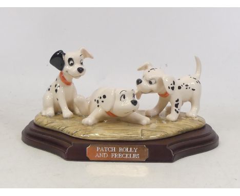 Royal Doulton, 101 Dalmations Patch, Rolly and Freckles on wooden base. Boxed.