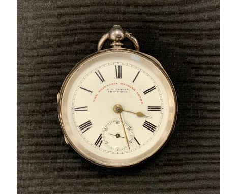 A Victorian silver The Britannia English Lever pocket watch, white enamel dial, signed J G Graves Sheffield, bold Roman numer
