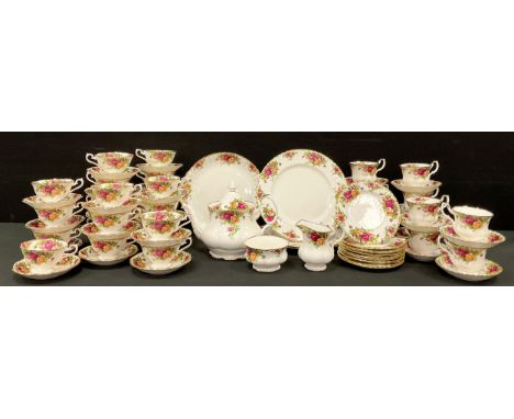Royal Albert Old country roses tea service including; a tea pot, sugar bowl, milk jug, picnic plate, eight cups and saucers, 