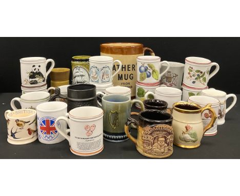 Denby mugs decorated with birds; large novelty stoneware mug ‘Fathers mug from Cheddar, 23cm high; etc