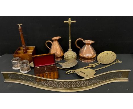 Boxes and objects - copper ewers, brass weighted door porter, wooden bottle porter, 42cm high, brass fender, tea caddy; etc