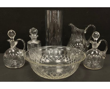 Cut glass wash bowl and jug, 30cm high; Victorian decanters; hurricane lamp, 40cm high (5)