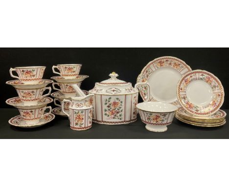 A Royal Crown Derby Honeysuckle tea service for six comprised of; a tea pot, milk jug, sugar bowl, picnic plates, six tea cup