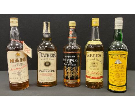 Spirits and whiskeys including; Haig fine old scotch whiskey 40% vol 75cl, Cutty sark blended Scot’s whiskey, Teachers; etc (
