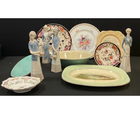 Ceramics - Poole pottery blue cucumber dish, 41cm long, Denby oven dish, 28cm long, Mason Mandalay plates; etc