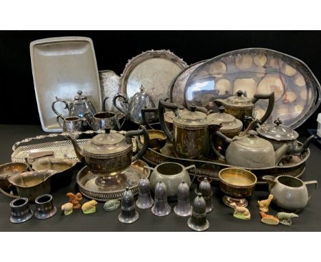 Plated ware - silver plated galleried tray, serving trays, four piece aesthetic movement tea service, others; etc