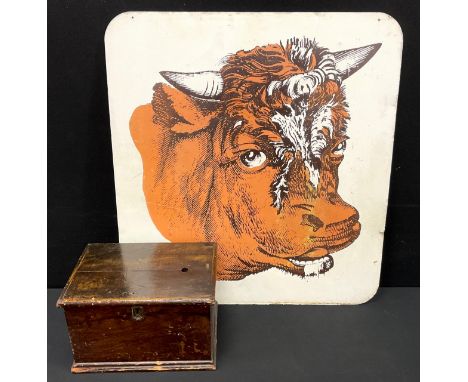 A 20th century aluminium sign, decorated with a highland cow, 76cm x 83cm. An early 20th century miniature trunk, 25cm x 36cm