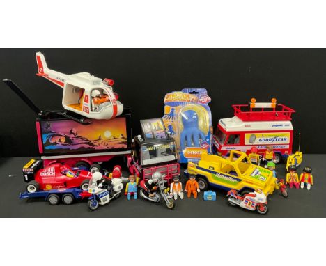 Toys - Playmobile Team Racing set, van, trailer, racing car, figures etc, Helicopter, Sunset Express articulated wagon, jeep,