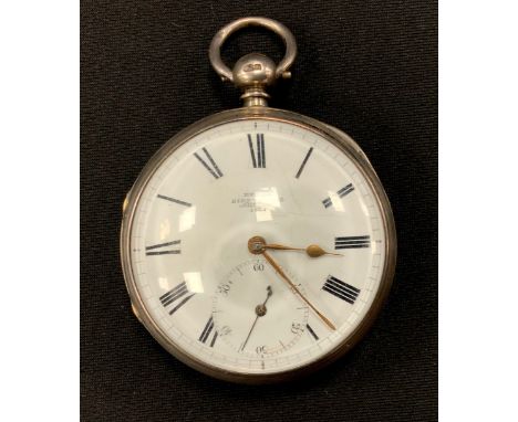 A Victorian silver Bevan of Birkenhead silver pocket watch, white enamel dial, Roman numerals, subsidiary seconds, serial num