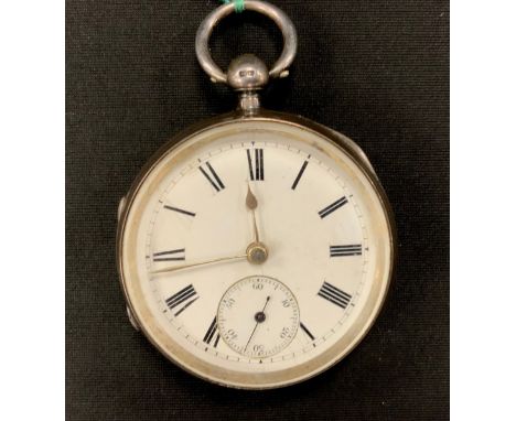 A Victorian silver pocket watch, white enamel dial, bold Roman numerals, subsidiary seconds, key wind movement, 48mm diameter