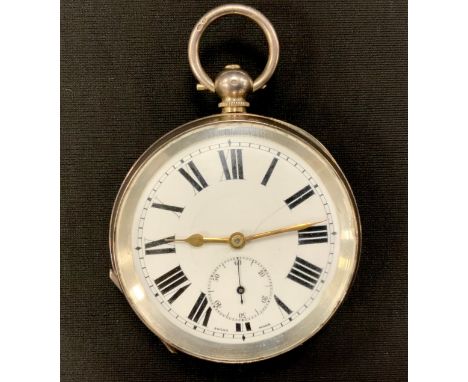 A silver pocket watch, white enamel dial, bold Roman numerals, subsidiary seconds, key wind movement, 52mm diameter case, Lon