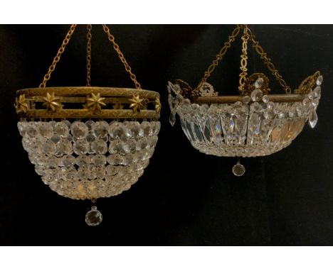 A Edwardian crystal bows flush mount ceiling chandelier,  40cm high; gilt metal chandelier, decorated with stars with glass d
