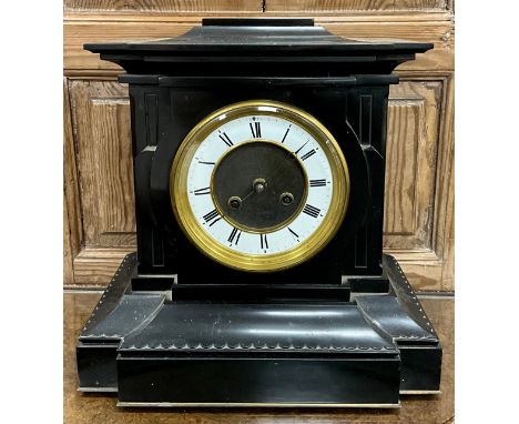 A 19th century architectural black marble mantel clock, 36.5cm high x 36cm wide x 22cm deep, c.1880.