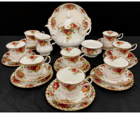 Royal Albert Old Country Roses tea service for eight comprised of; tea pot, sugar bowl, milk jug, picnic plate, eight cups an