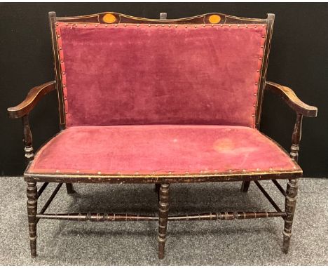 A Victorian mahogany two seat bench or sofa, turned legs and supports, 91cm high, 114cm wide, 41cm seat depth