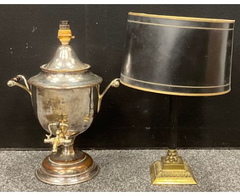 A silver plated samovar or coffee urn, converted into a lamp, 47cm high, 33cm wide;  a desk lamp, as a Corinthian column, (2)