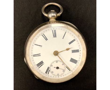 A Victorian silver pocket watch, white enamel dial, bold Roman numerals, subsidiary seconds, key wind movement, 51mm diameter
