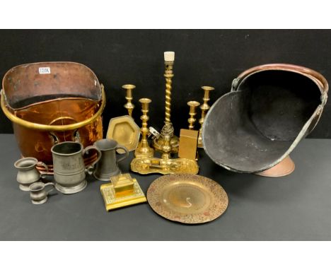 Brass and copper - 19th century copper coal scuttle, another similar; brass lamp, 35cm; 2 pairs of brass candlesticks, the la