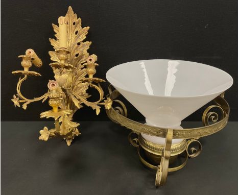 A Victorian hanging parlour oil lamp, tri scroll arms, 36cm diameter; a four branch acanthus leaf wall sconce, 50cm high, (2)