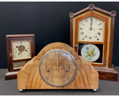 An American mantel clock with transfer printed glass door panel, eight day movement, Seth Thomas, 43cm high; a late 19th cent