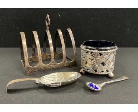 A George V silver four division toast rack, Viners, Sheffield 1936 ,  George III caddy spoon (faults) etc, 80g gross (not inc
