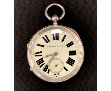 A large Victorian silver improved patent pocket watch, cream enamel dial, bold Roman numerals, subsidiary seconds, key wind m