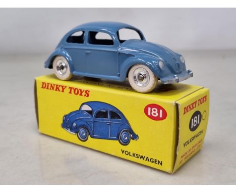 A boxed Dinky Toys No.181 grey and blue VW with spun hubs, M, box superb