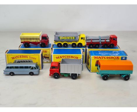 Six boxed Lesney Matchbox including No.2 Mercedes Trailer, No.10 Pipe Truck, No.26 G.M.C. Tipper Truck, No.40 Long Distance C