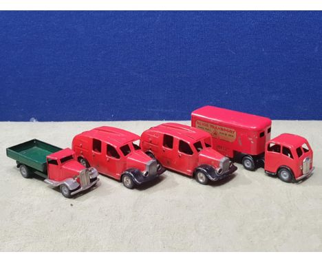 Two unboxed Triang Minic clockwork Fire Engines, Articulated Lorry and Open Plank Wagon, F-G