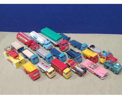 A box of play worn Dinky and Corgi Toys including Lady Penelope's Fab 1, Chipperfield's Circus Land Rover, Jaguar E-type, ERF
