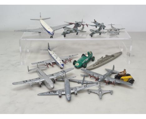 A box of play worn Dinky Toys Aircraft including B17, Gloster Meteor, Haker Hunter, etc. a Vanwall Racing Car and an AA Motor