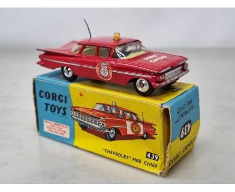 A boxed Corgi Toys No. 439 Chevrolet Fire Chief's Car, VG, box Ex