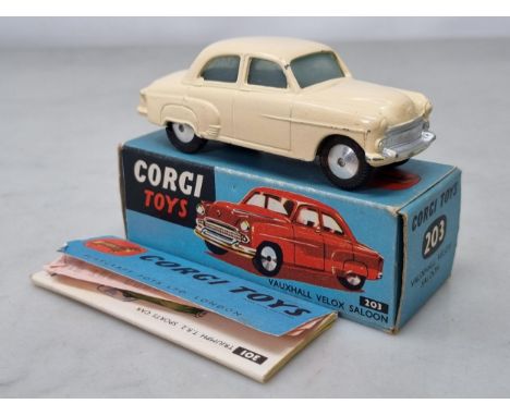 A boxed Corgi Toys No.203 cream Vauxhall Velox Saloon, Ex, box Ex