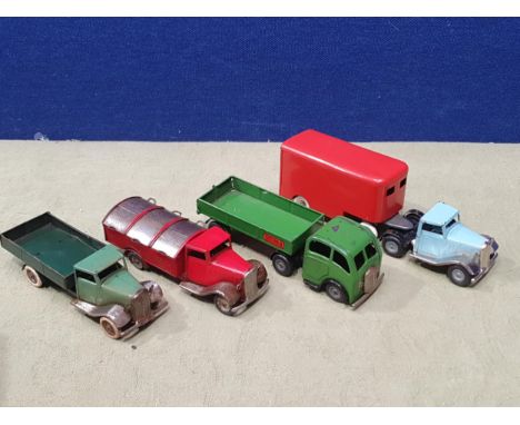 Four Triang Minic clockwork Toys including Articulated Lorry, open Articulated Lorry, Open Plank Wagon and Refuse Wagons, F-V