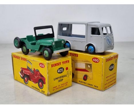 A boxed Dinky Toys No.405 green Universal Jeep in red sticker box, Nr M-M, box VG and a boxed No.490 Electric Dairy Van, Ex, 