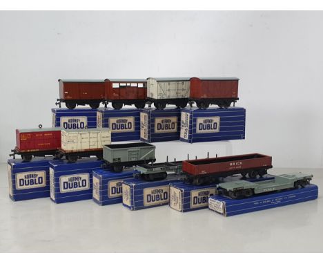 Ten boxed Hornby Dublo blue and white boxed Wagons including Low-sided Furniture, Low-sided Meat, Weltrol, Mineral, Meat Van,
