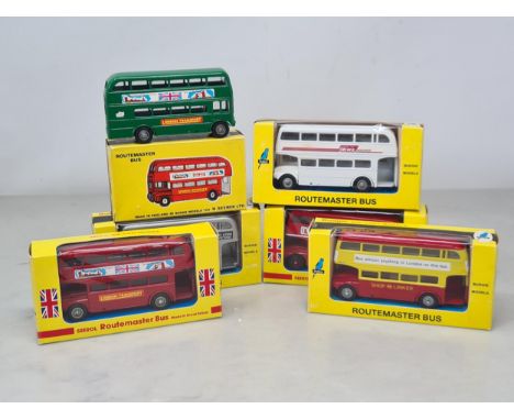 A boxed Budgie No.236 green Routemaster Bus, Mr M-M, box Ex plus, and five other boxed Budgie Routemaster Buses, Ex plus, box