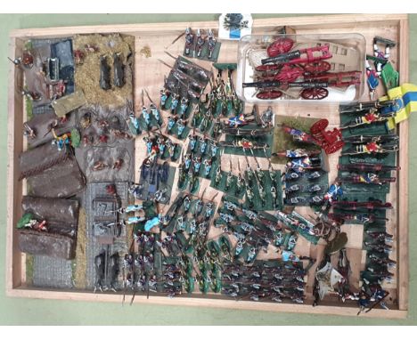 A tray of painted diecast Wargaming Figures of Napoleonic Infantry and Artillery (Infantry 45mm, Mounted 60mm) and other 28mm