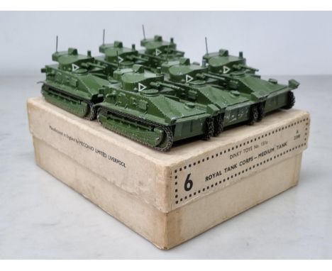 A rare Dinky Toys pre-war No.6 full Trade Box of Medium Tanks , five are Nr M-M, one Ex, all have moving turrets and tracks, 