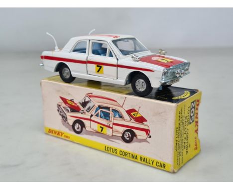 A boxed Dinky Toys No.205 Lotus Cortina Rally Car, Nr M, box Ex plus