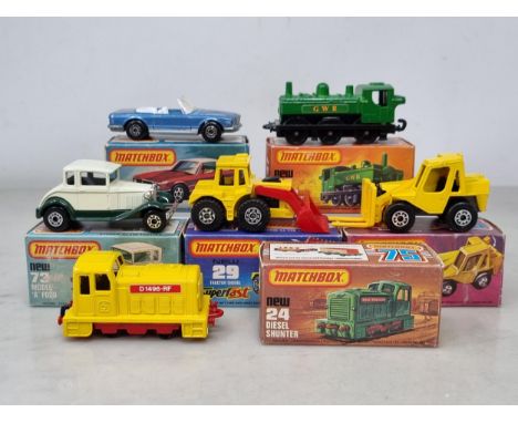 Six boxed Matchbox Models includingNo.6 Mercedes Tourer, No.24 Diesel Shunter, No.29 Tractor Shovel, No.47 Pannier Locomotive