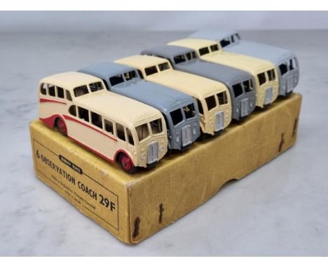 A Dinky Toys Trade Box full of No.29F Observation Coaches including 3x cream and 3x grey, all N M-M, box VG-Ex with replaceme