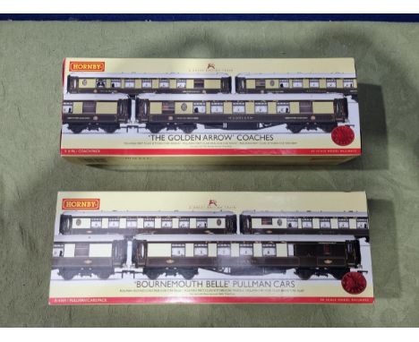 Two Hornby (China) Pullman Coach Packs with lights including R4196 'The Golden Arrow' containing 1st Class Kitchen 'Adrian', 