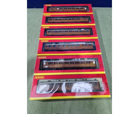Six Hornby (China) LNER teak Super Detail Gresley style Passenger Coaches including R4170 and R4170A Brake Comps, R4171 1st C