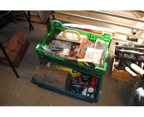 Three boxes containing various tools to include a Halfords single cylinder foot pump, a Bosch grinding stone, metal tool box 