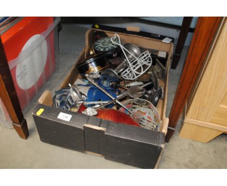 A box of various metal ware to include candle sticks, vase, trinket box etc. 