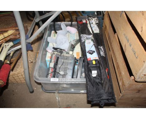 A box containing a quantity of various items to include two kites, army battle tank toy, electric model of an engine etc.